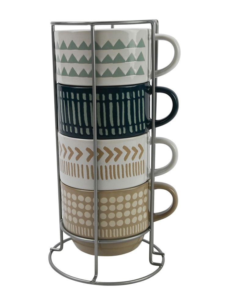 Stacked Mugs Set Artisan Patterns